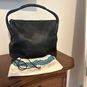 Tory Burch, black pebbled leather large hobo bag